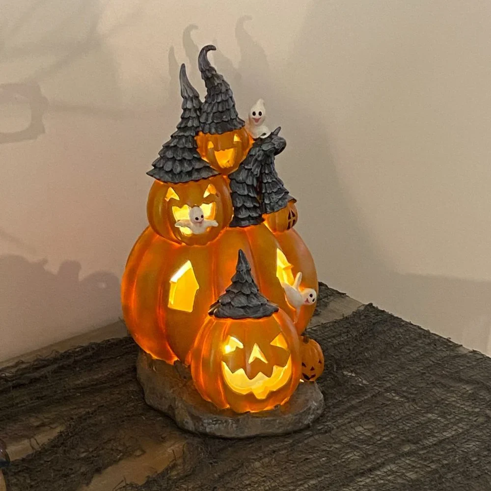 Halloween LED Lighted Pumpkin House Hangry Jack O Lantern Witch Hat Figure Ghost